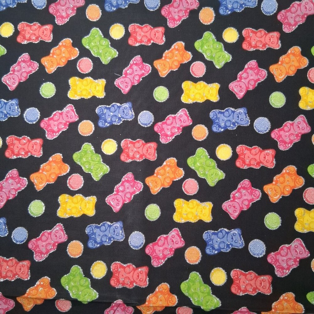 Fabric Traditions Gummy Bear Sewing Material Black Rainow Bears Silver Glitter